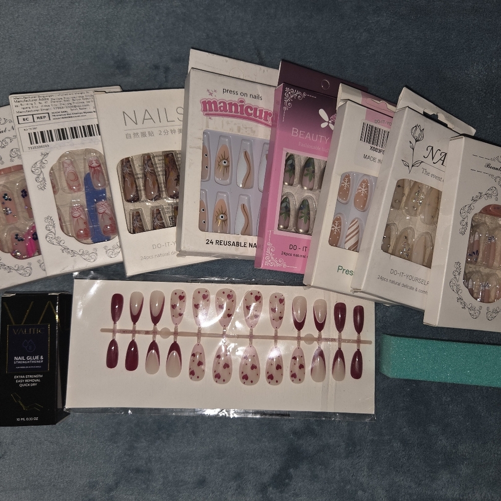 Press On Nails Set Bundle Medium Long Almond Square Shape Glue Included